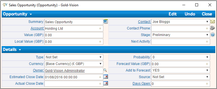 Sales Opportunity Record